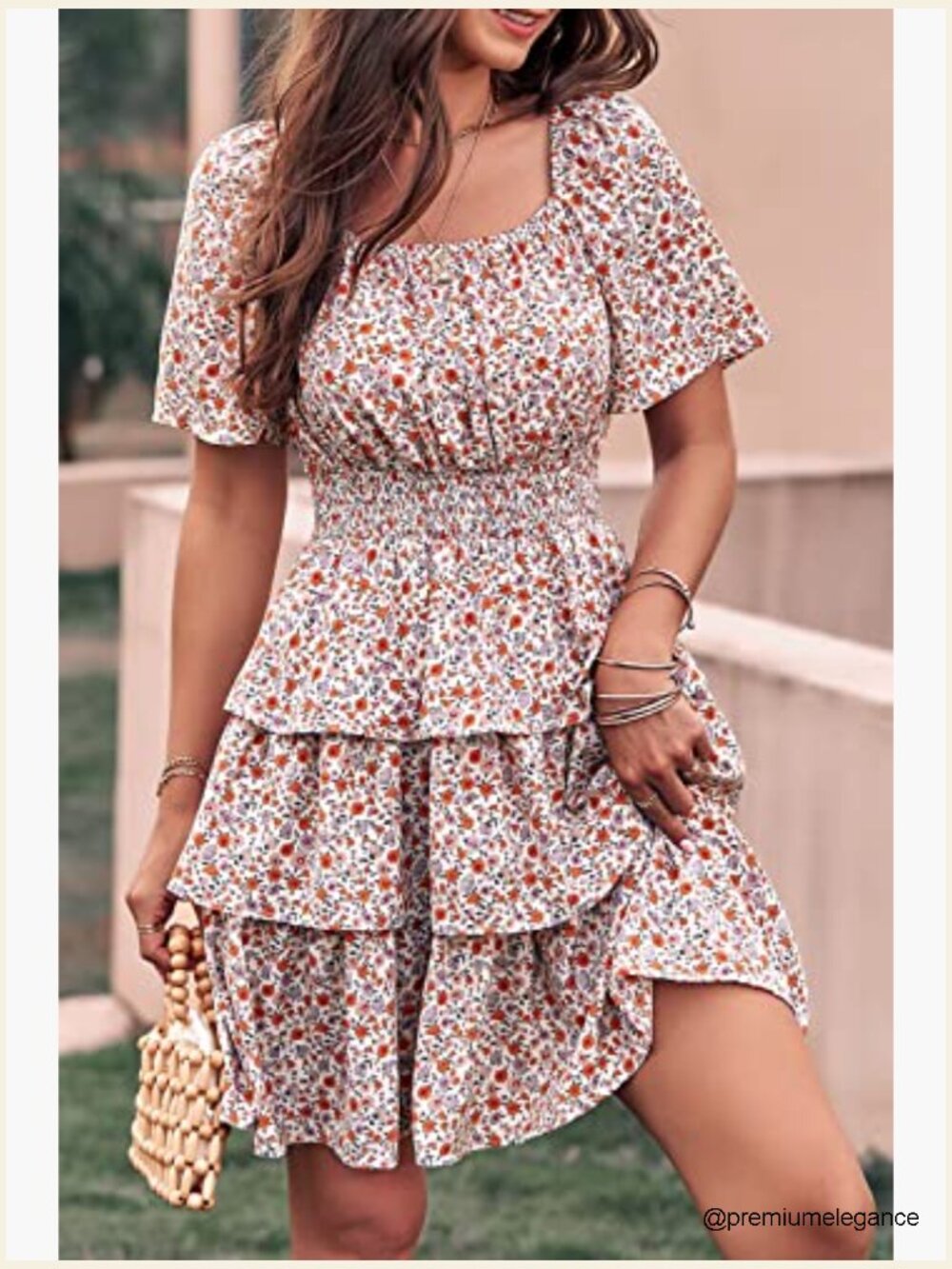 Floral Square Neck Short Sleeve Tiered Ruffle Boho Swing Mini Dress - Picture 5 of 7